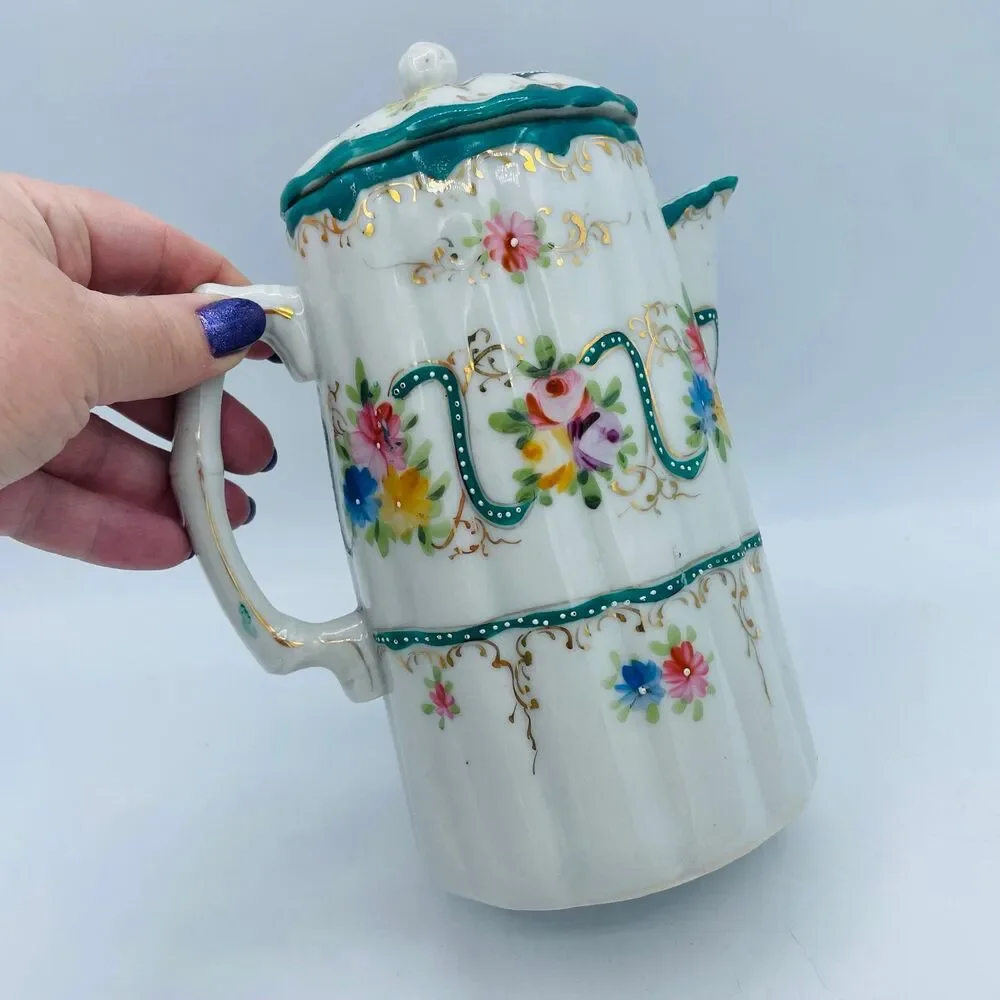 Vintage Porcelain Hot Chocolate Pot Pitcher With Lid Hand Painted Floral Green